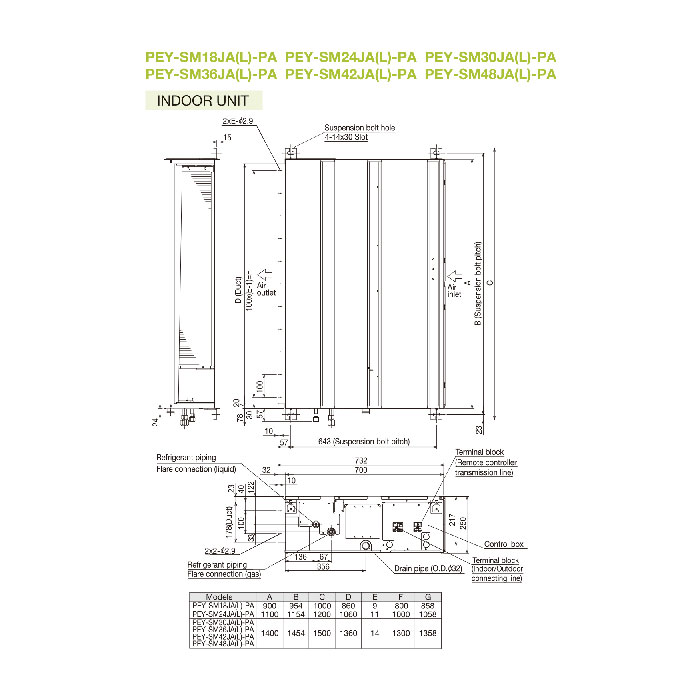 Mitsubishi Electric AC Ceiling Ducted Inverter PEY-SM Series 2 1/2 PK - PEY SM24JA + SUY SM24VA